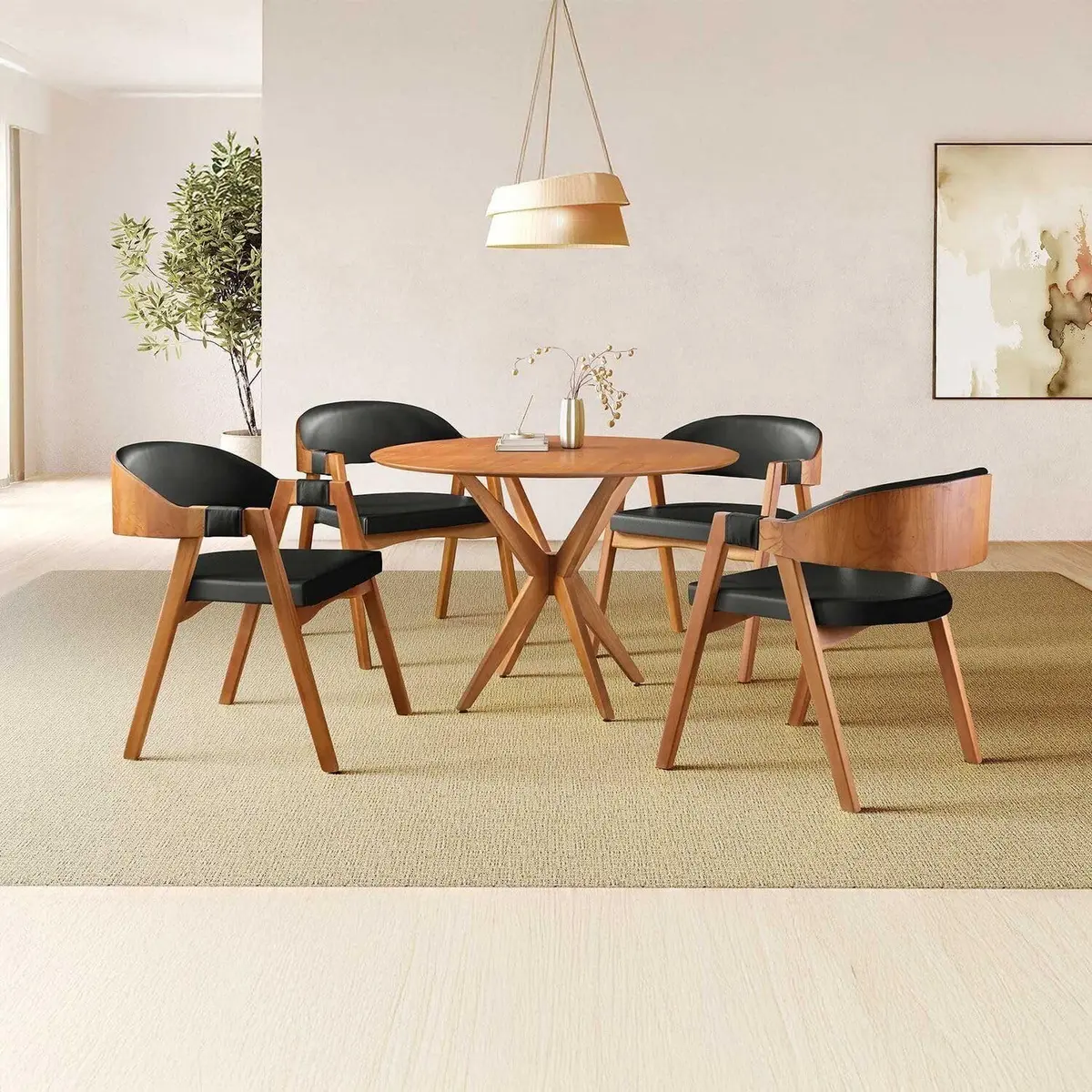 Conjunto de Mesa Redonda 100cm com 4 Cadeiras Gaia Preto/Freijó