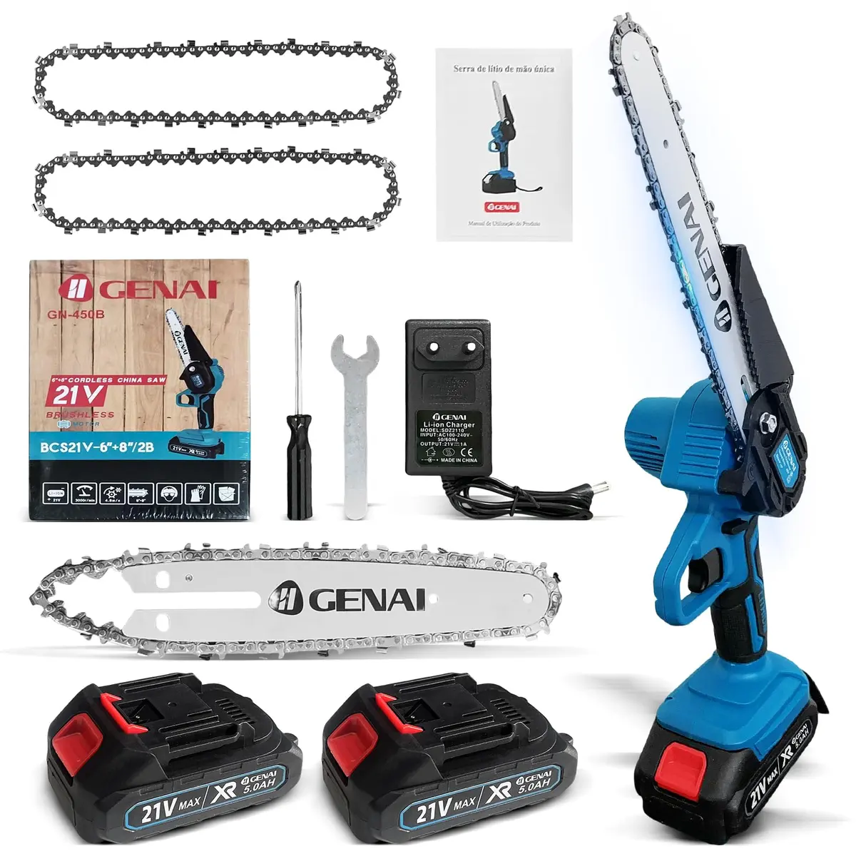 Mini Motosserra Elétrica à Bateria 21V, Serra Motosserra com 2 Bateria 1500mAh Recarregável Lâmina Serra 6''e 8", Motoserra para Poda de Galhos e Corte de Madeira