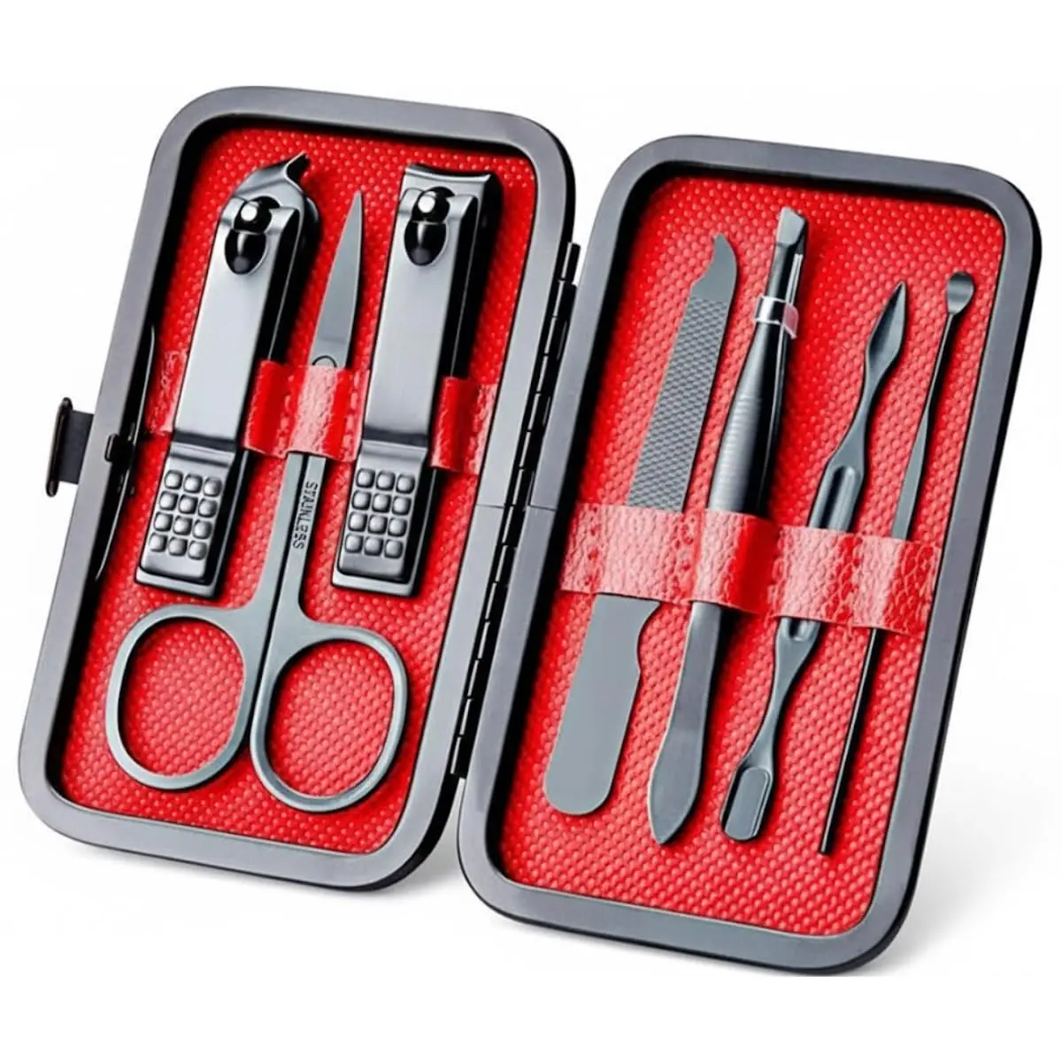 Kit Cortador de Unha 7 Peças Aço Inoxidável (Preto) | cuidados com as unhas, com alicate, tesoura, empurrador de cutícula e lixa
