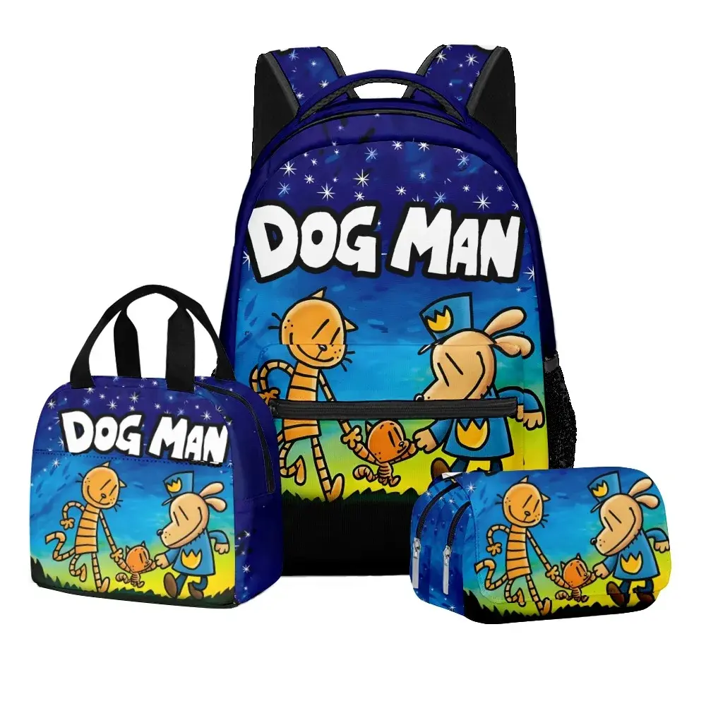 Luxo popular novidade dos desenhos animados cão homem 3d impresso 3 pçs/set estudante sacos de escola viagem notebook mochila almoço saco lápis caso