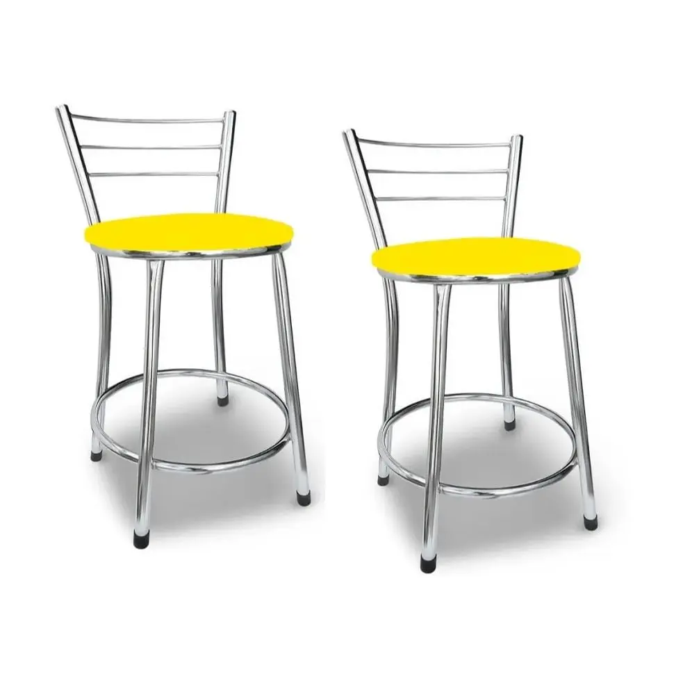 Kit 2 Banquetas Baixas Cromadas com Encosto Aramado(Amarelo) | Kit com 2 banquetas baixas cromadas de 68 cm, ideais para cozinha, mesa, bar, balcão baixo e área gourmet.