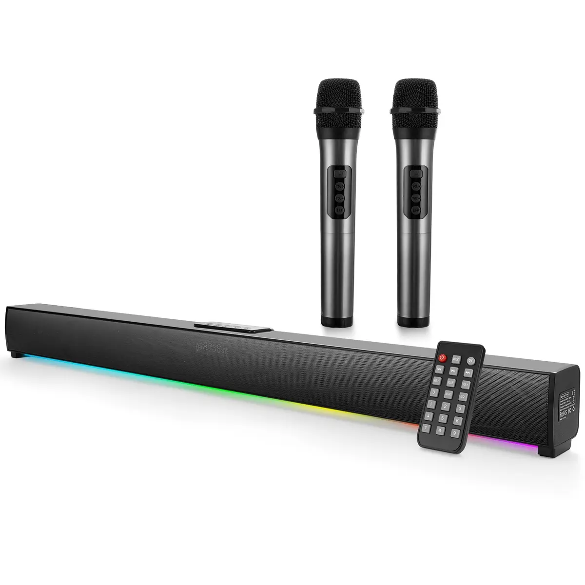 Soundbar TV 50W Caixa Som Bluetooth 2 Microfones Karaokê Home Theater | 50W RMS, 2 Microfones Sem Fio, RGB Dinâmico, Som Surround 360°, Display Digital, Bluetooth, Multi Entradas, Karaokê Familiar