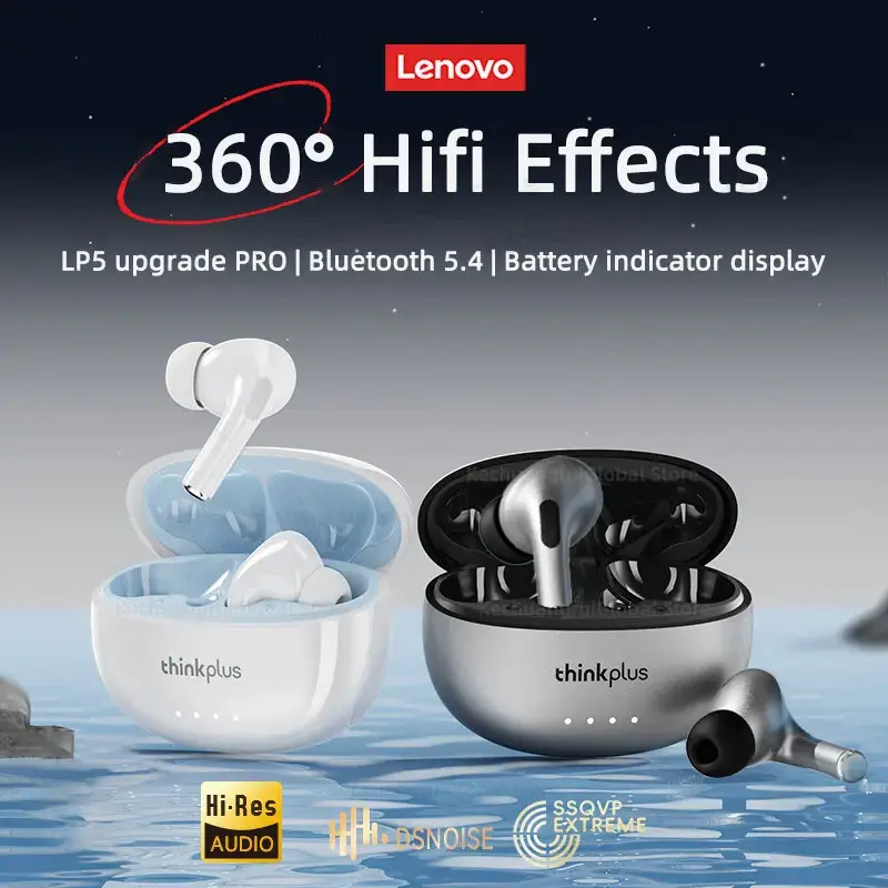 Fones de Ouvido Sem Fio Lenovo LP5 Pro Bluetooth 5.4 TWS com Som HiFi, Headset para Jogos e Esportes com Controle por Toque e Microfone
