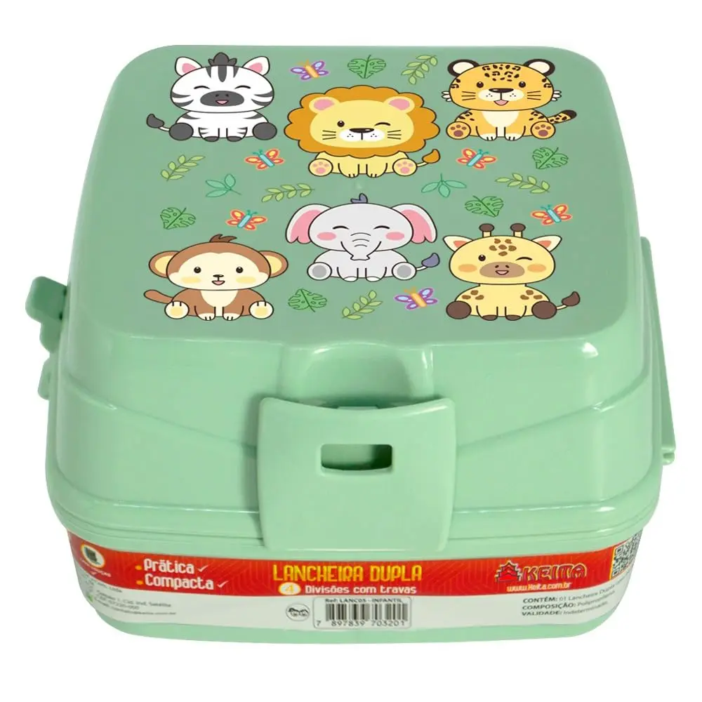 Lancheira Marmita Escolar Divertida Infantil Com 4 Divisórias Com 2 Compartimentos Cores E Desenhos (Verde Animais) - 1