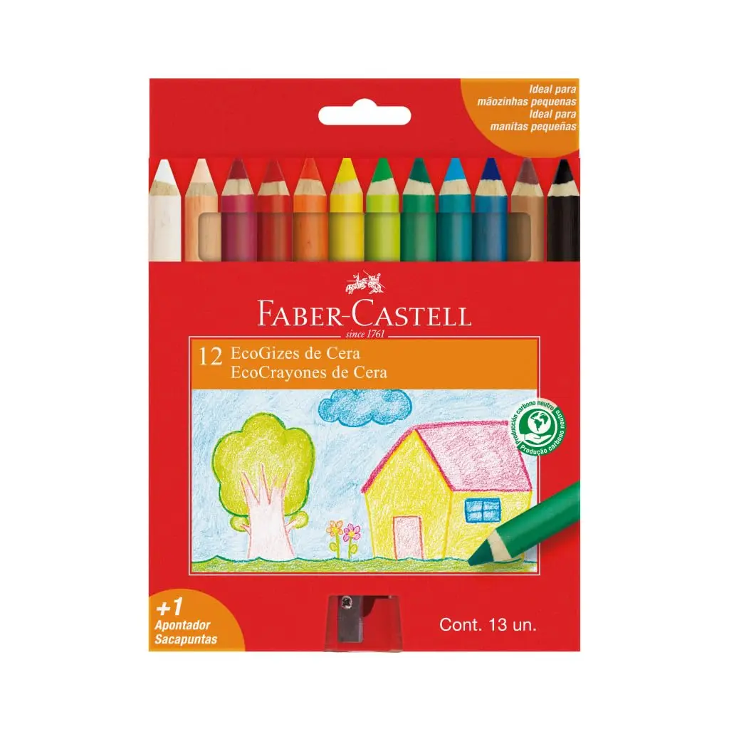 Kit Giz de Cera + Apontador Faber-Castell com 12 Cores | EXCLUSIVO corpo de madeira