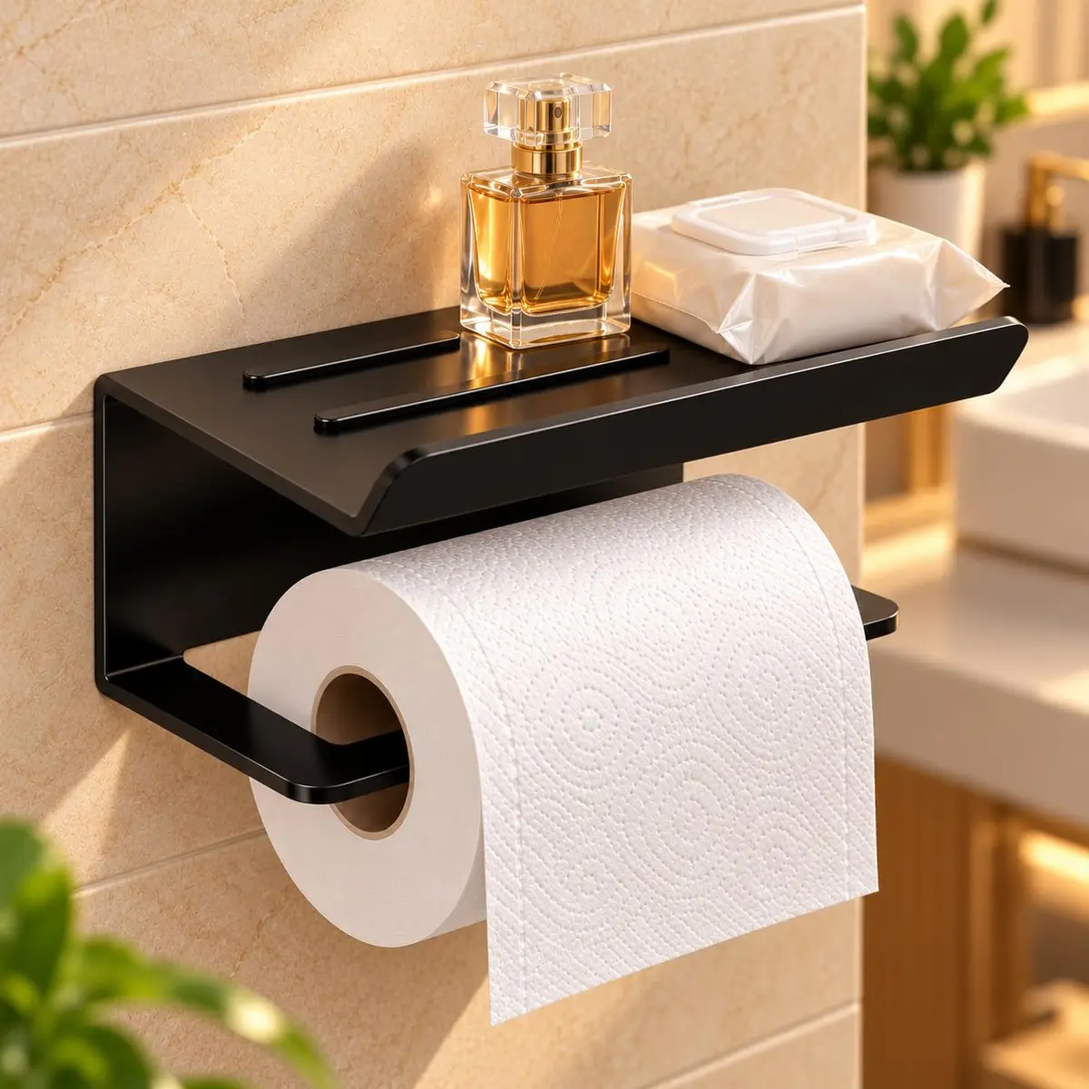 Porta Papel Higiênico de Parede com Prateleira para Celular, Instalação Sem Furar ou Parafuso, Aço Preto Fosco Resistente à Umidade