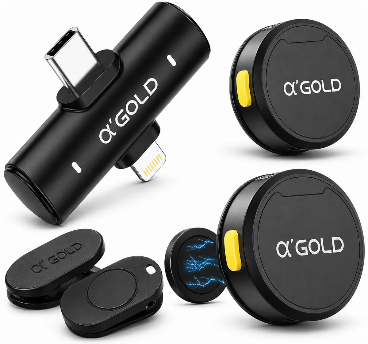 Microfone de Lapela Sem Fio Duplo USB-C e Lightning com Redução de Ruído - a'GOLD