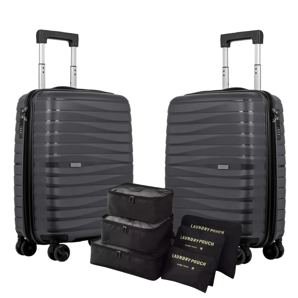 Jogo de 2 Malas Bordo 10kg Polipropileno de Ultima Geração, Cadeado Integrado Personalizável + Kit Organizador Necessaire 6 pçs de Viagem Sestini (Kit 2 Bordos, PP Essencial Grafite)