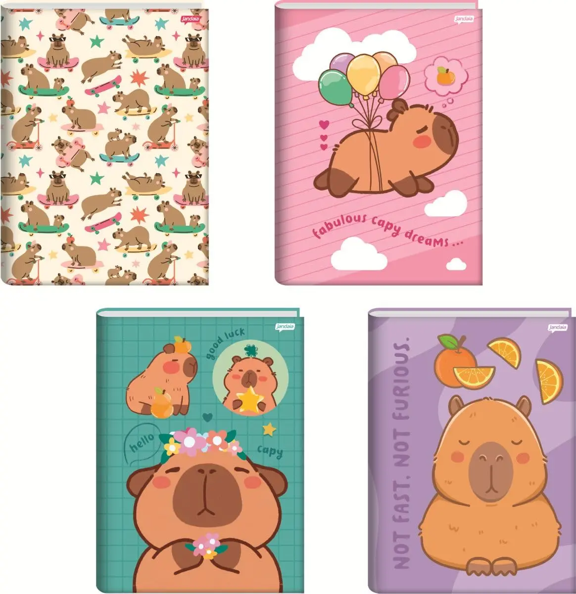 Kit de Cadernos Brochura, Jandaia, 1/4, Capa Dura, Capyvibes, 80 Folhas, Pacote com 5