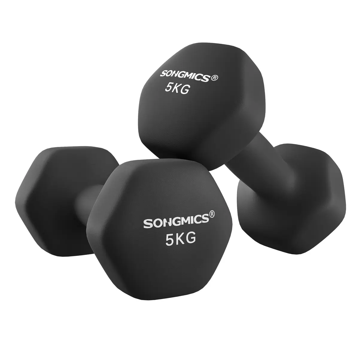 SONGMICS Conjunto de 2 Halteres Hexagonais, 2 x 5 kg | Pesos de Mão, com Revestimento de Neoprene, Exercício de Treino em Casa, Preto, Coleção STEFAN BRSYL60BK