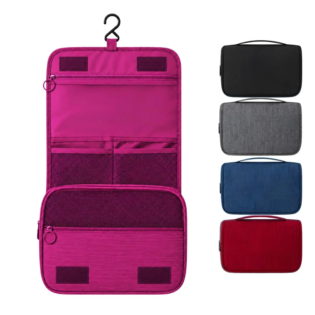Necessaire Organizadora de Viagem Com Gancho Para Pendurar e Zíper | Roxo | Com alça de mão, oferece praticidade no transporte e armazenamento de cosméticos e itens pessoais no dia a dia.