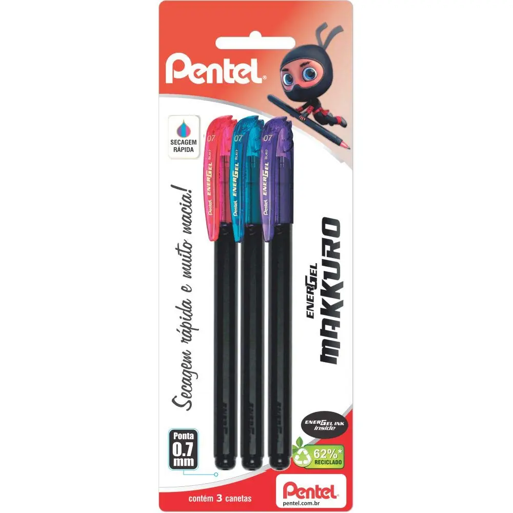 Pentel Caneta Gel Energel Makkuro 0.7mm Kit 3 Cores Tintas Rosa Azul e Violeta SM/BL417-PSV