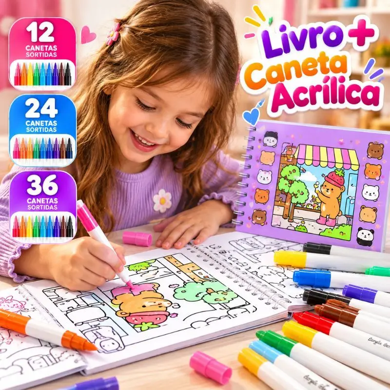 Kit Livro de Colorir Booboo Goods + Canetas Ponta Dupla Ursinhos Fofos Papel 180g 50 Folhas - 1
