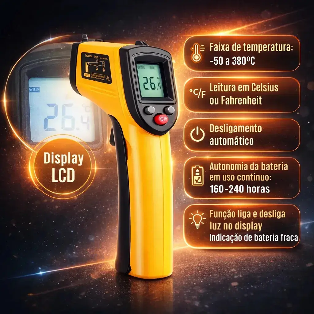 Termômetro Infravermelho Brasiliana Tech Digital Para Culinária E Industrial Até 400°C Laser Cozinha Churrasco Fritura Forno Visor LCD thumbnail 3