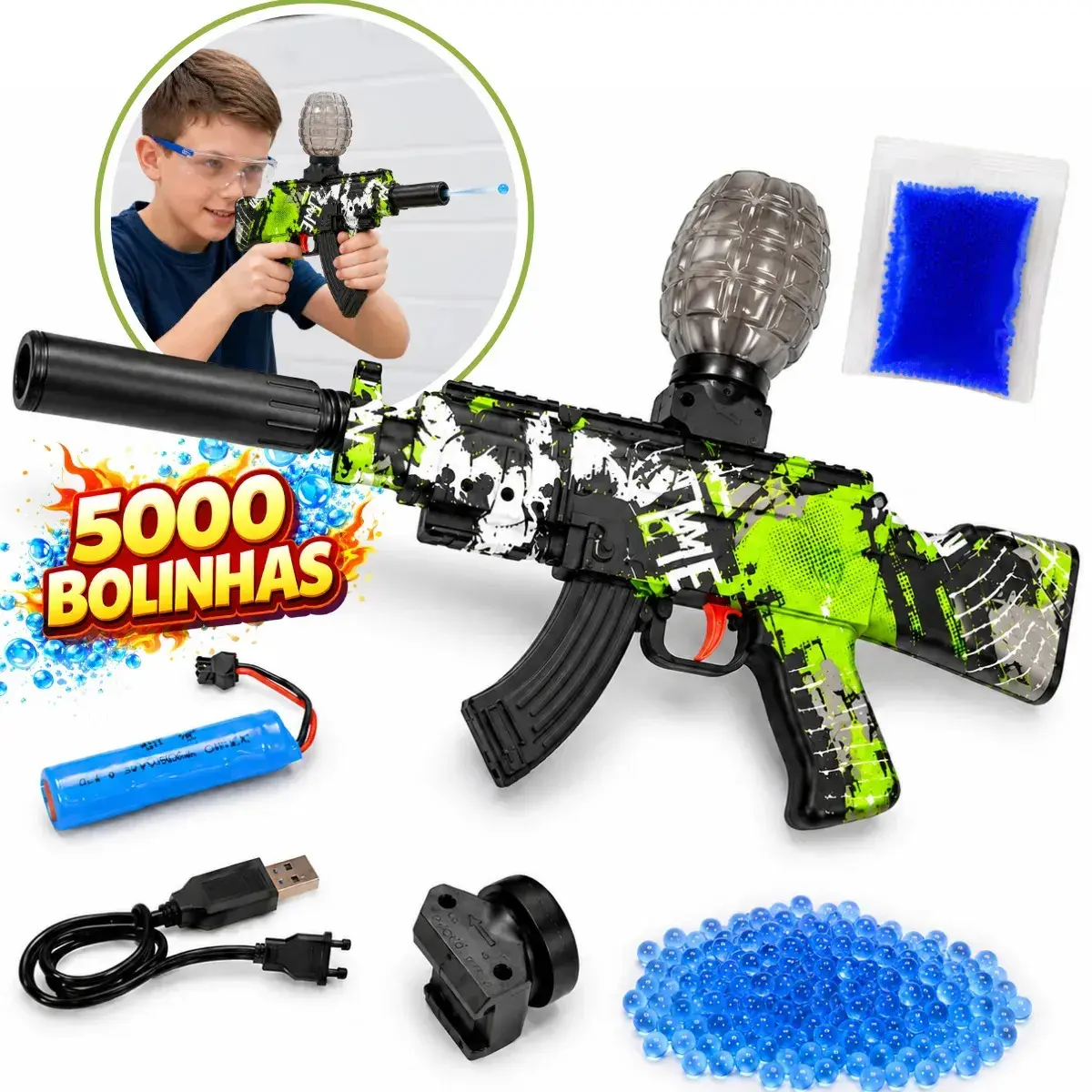 Arminha Brinquedo Ak47 Lançador Bolinhas Gel Recarregável Verde Camuflado - 1