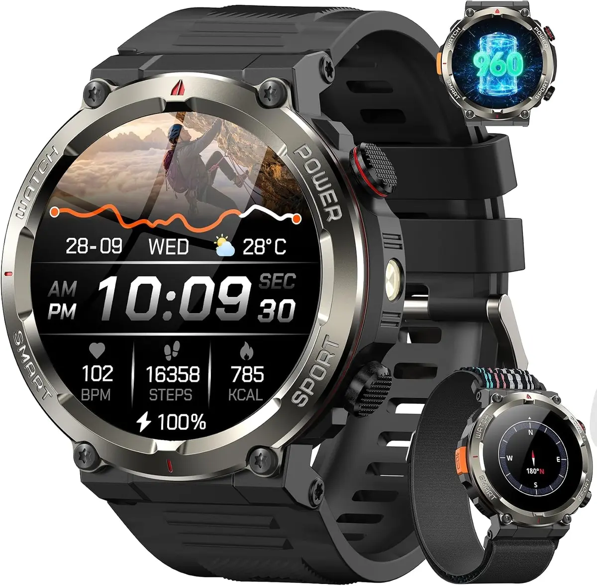 Smartwatch Militar 1.45" com Chamada BT, 100+ Esportes, 2 Pulseiras | Design tático durável, ligue do pulso e monitore +100 atividades para uso diário e aventuras ao ar livre.