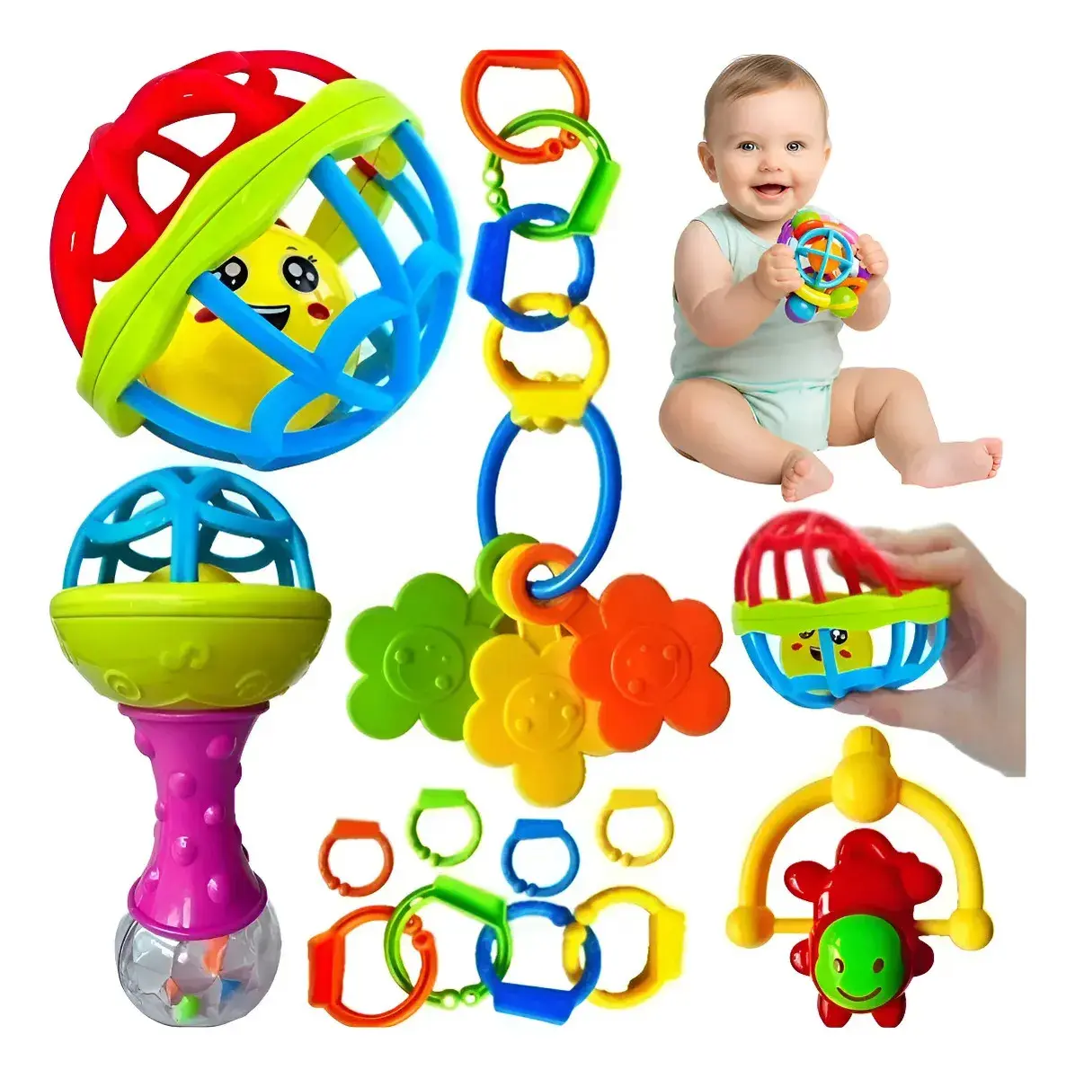 Kit Chocalho Mordedor, Bebê, Brinquedo Sensorial 8 Peças Coloridas Para Desenvolvimento Saudável diverso