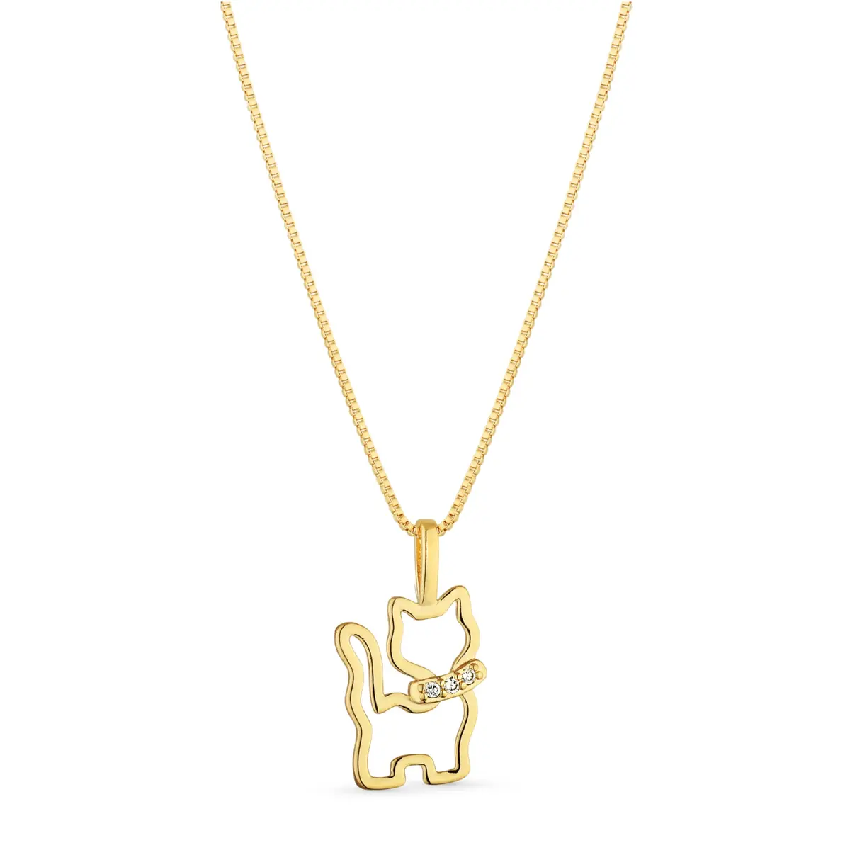 Colar Feminino com Pingente de Gato, Zircônias, Banhado a Ouro 18k, Corrente 50cm, Stella Semi Jóias