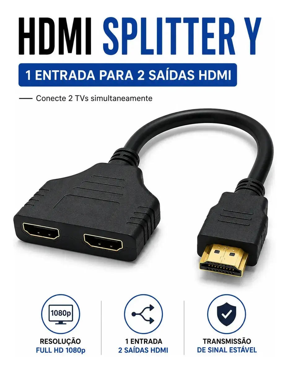 Cabo Hdmi Divisor Splitter Y Duas Saídas Portas 1 Macho Para 2 Fêmea Conexão Em 2 Tvs Em Alta Definição 1080p Conecta Fácil Alta Performance - QueroCase