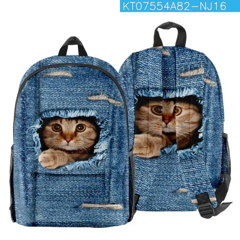 Unisex Ripped Jeans Cat Travel Bags, Mochilas Multifuncionais, Mochilas Multifuncionais, Mochila Escolar para Jovens na Moda, Impressão 3D, Oxford Waterproof Notebook - 1