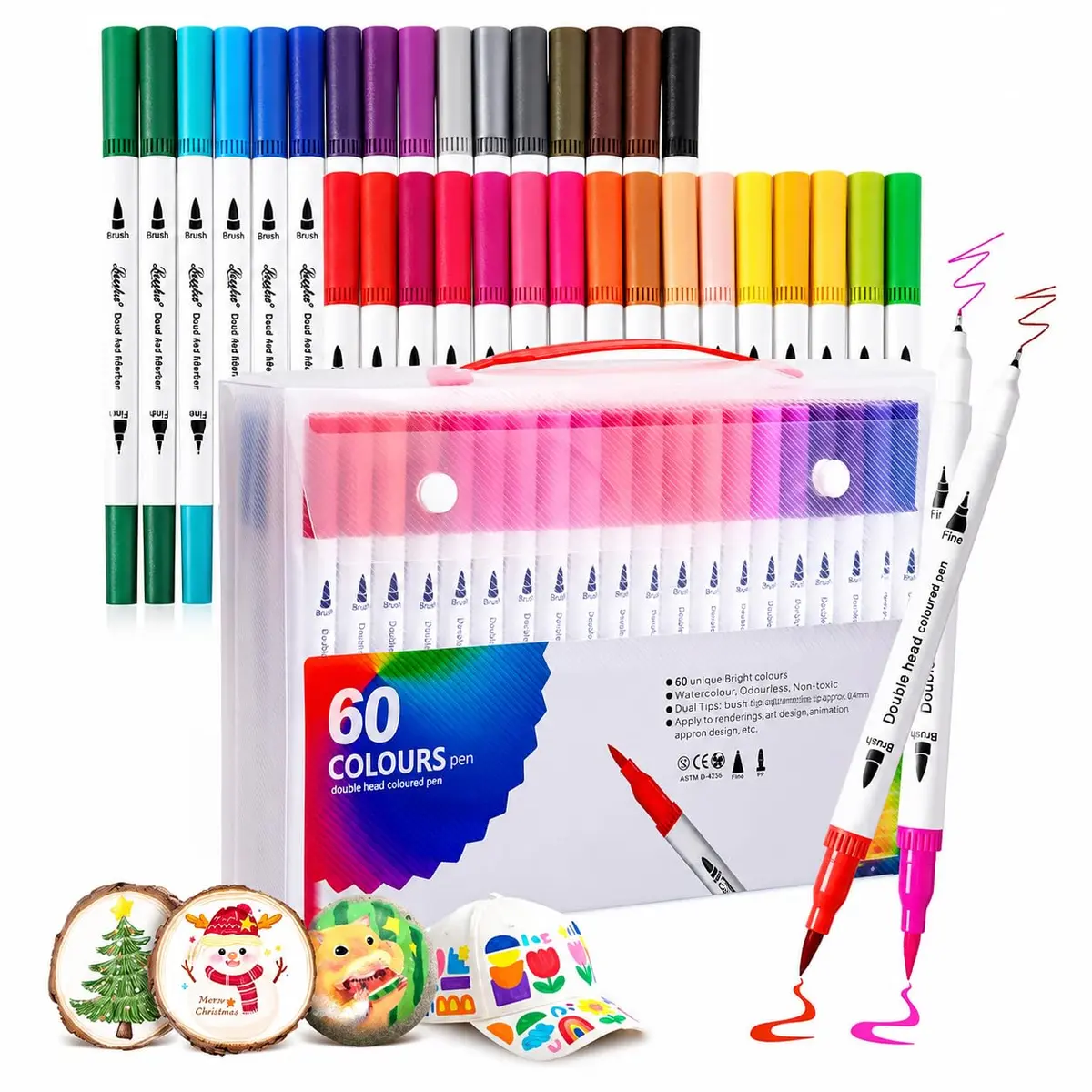 Canetas Brush Pen 60 Cores Ponta Dupla Fina e Pincel Base Água | Ponta fina 0,4mm e pincel 1–2mm, para colorir, desenhar, ilustrar, lettering e papelaria criativa - 1