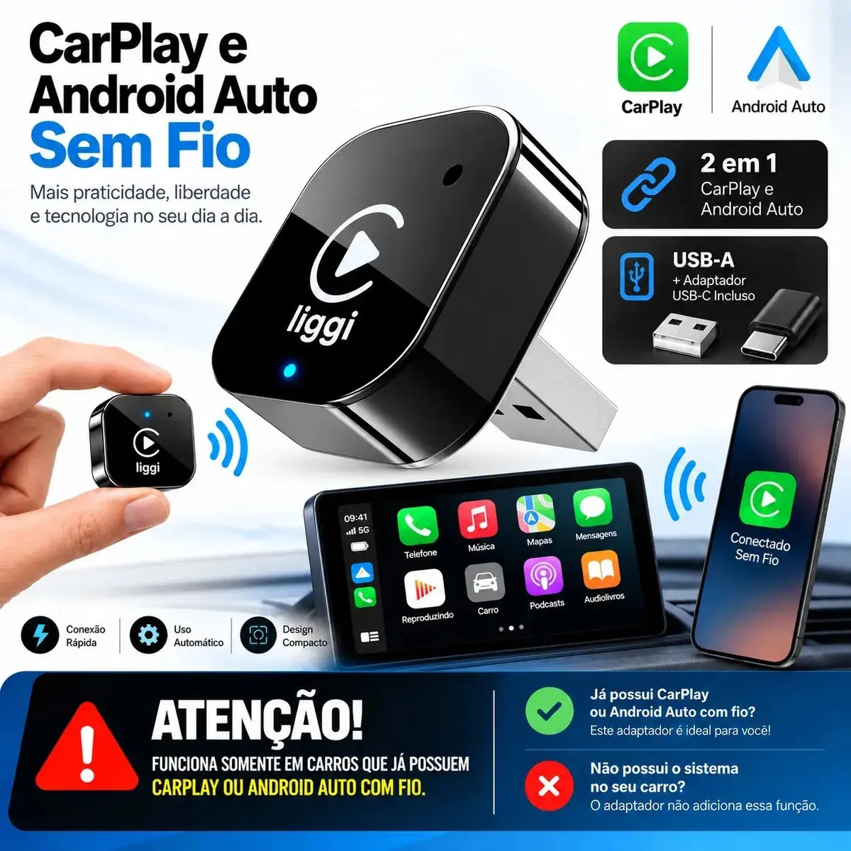 Adaptador CarPlay Sem Fio Android Auto 2 Em 1 USB Wireless Car Play Automático Liggi - 1