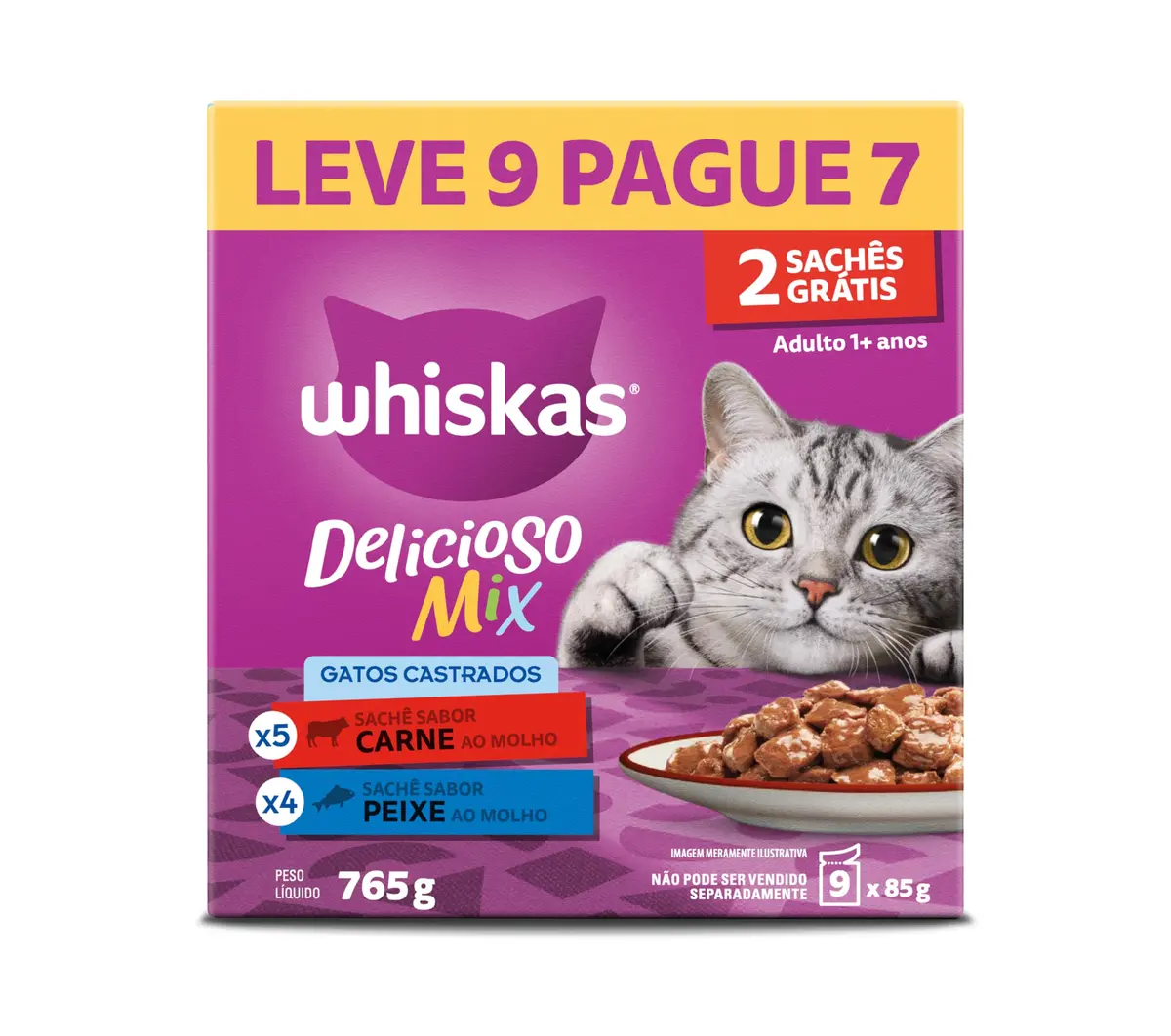 Ração Úmida Whiskas Sachê Carne e Peixe para Gatos Adultos Castrados 85 g - LEVE 9 PAGUE 7