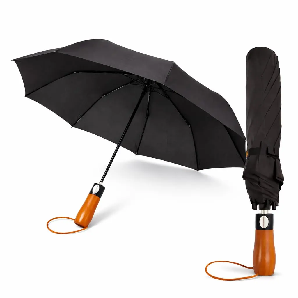 Guarda-Chuva Grande Reforçado Automático | Tecido Duplo Resistente ao Vento | Cabo Madeira Leve Ergonômico – Preto