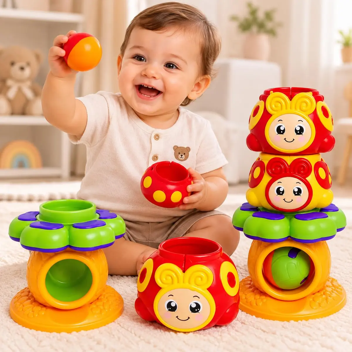 Brinquedo Bebê Educativo Torre Joga Bolinha Bola Joaninha, Encaixa Bolinhas, Coordenação Motora e Percepção Visual, Infantil