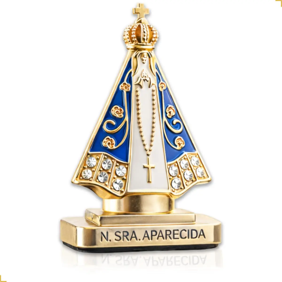 Imagem Nossa Senhora Aparecida para Carro 5cm em AÇO INOX | Enfeite de Painel de Carro com Base Auto Adesiva | Decoração para Escritório | Imagem Religiosa Dourada Resistente ao Calor