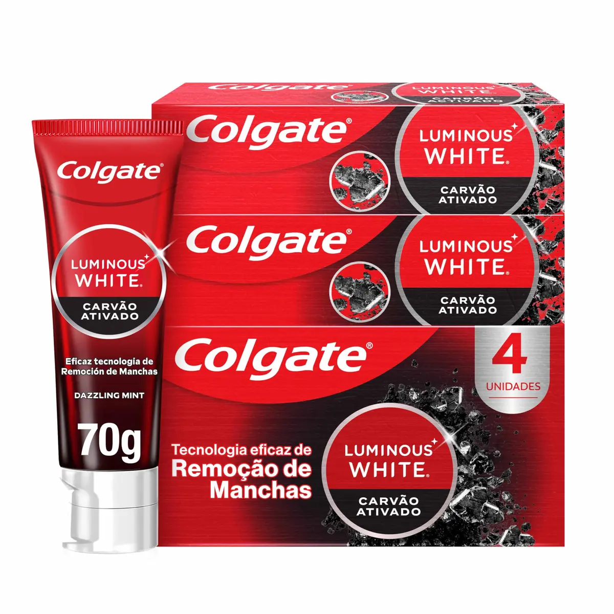 Colgate Luminous White Carvão Ativado Creme Dental Clareador, 4x70g