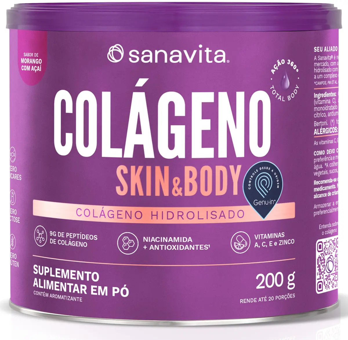Sanavita Colágeno Skin & Body - Morango e Açaí - Lata 200g | Colágeno