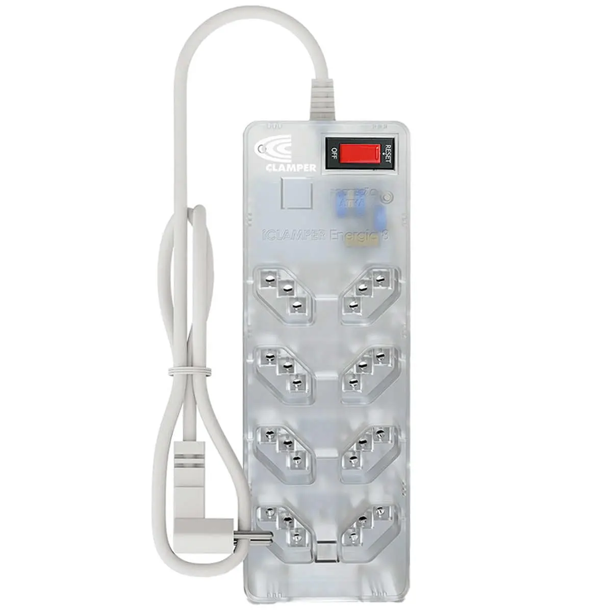 Filtro de Linha iCLAMPER Energia 8 com Proteção contra Surtos Elétricos(DPS) 8 Tomadas, 3 Pinos, 10 Amperes para PC, Notebook, Monitor, Impressora, PS5, Alexa e etc, Bivolt, Cabo de 1m Transparente