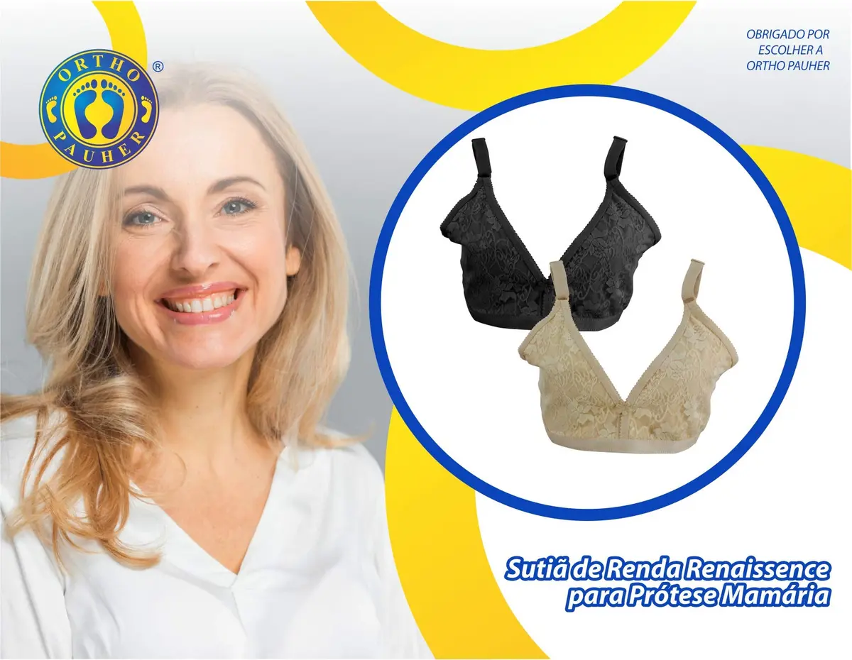 Sutiã para Prótese Mamária Ortho Pauher Renaissance, Tamanho 38 | Preto, Rendado, Encaixe discreto em seu interior, 90% Poliamida, 10% Poliéster - 1
