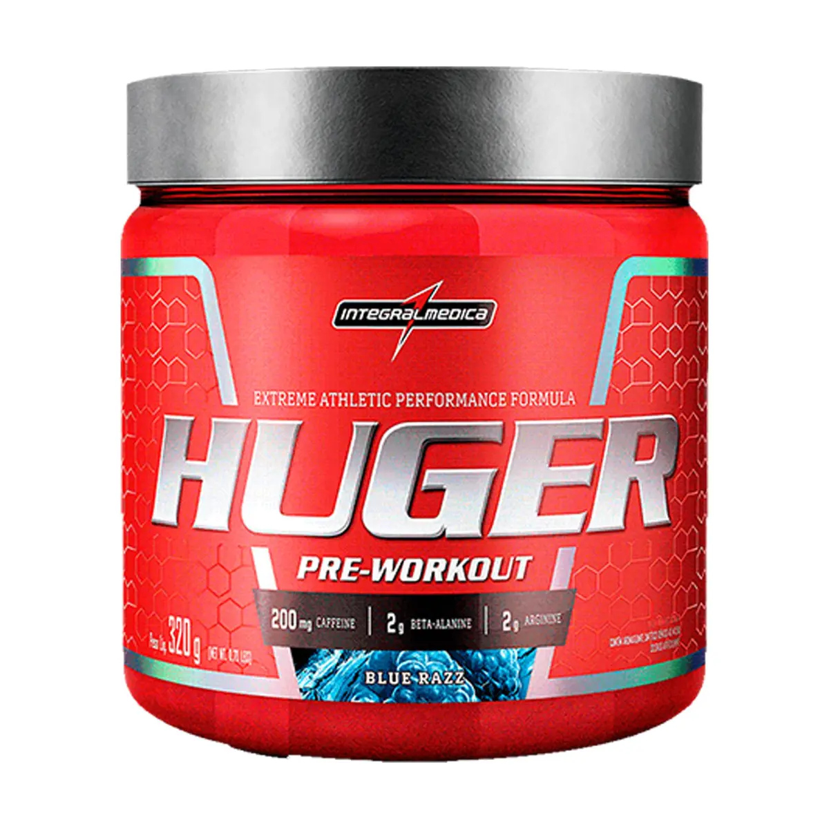 Pré-Treino em Pó Integralmedica Huger, Sabor Blue Razz, 320g | Potente, Energia e Foco Extremos