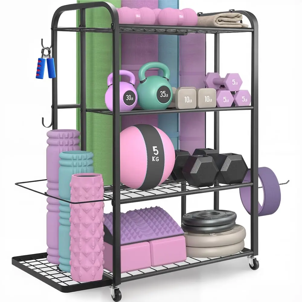 Preto, Rack de Armazenamento Multifuncional, Equipamentos de Academia em Casa, Halteres, Tapetes de Ioga, Rolos de Espuma, Faixas de Resistência, Bem Como Acessórios Como Copos E Cordas - 1
