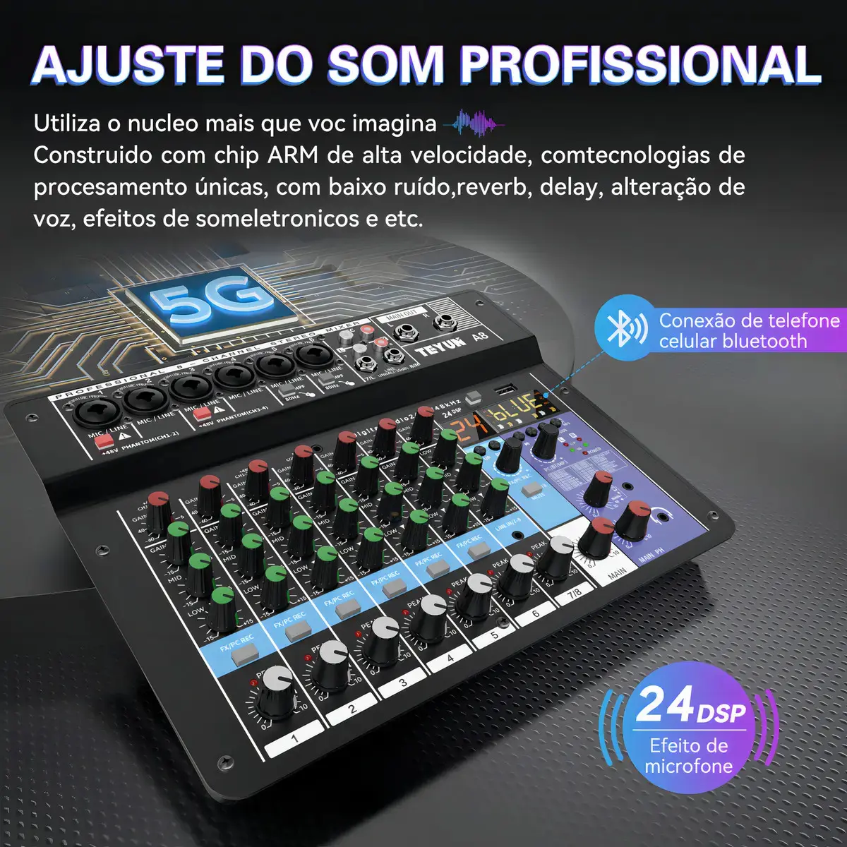 Mesa de Som Digital Teyun A8 8 Canais Bluetooth USB Phantom 48V thumbnail 6