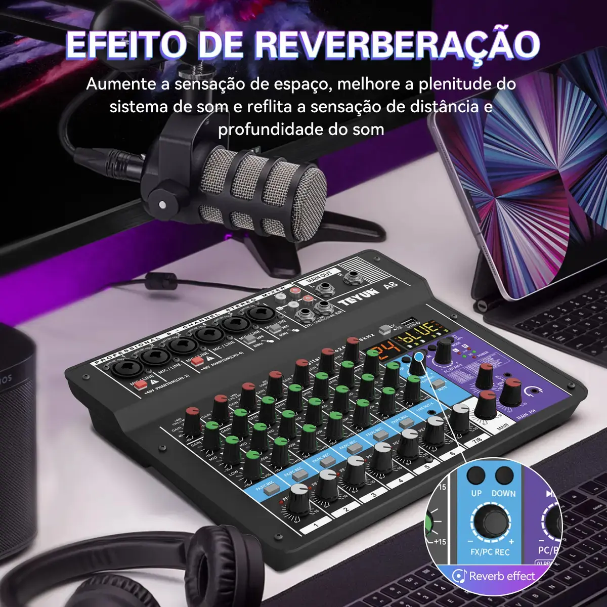 Mesa de Som Digital Teyun A8 8 Canais Bluetooth USB Phantom 48V thumbnail 8