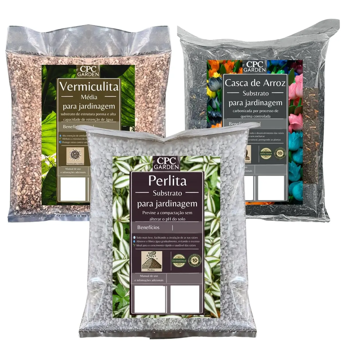 Kit Substrato Perlita, Vermiculita e Casca de arroz Carbonizada (1 Litro de cada)