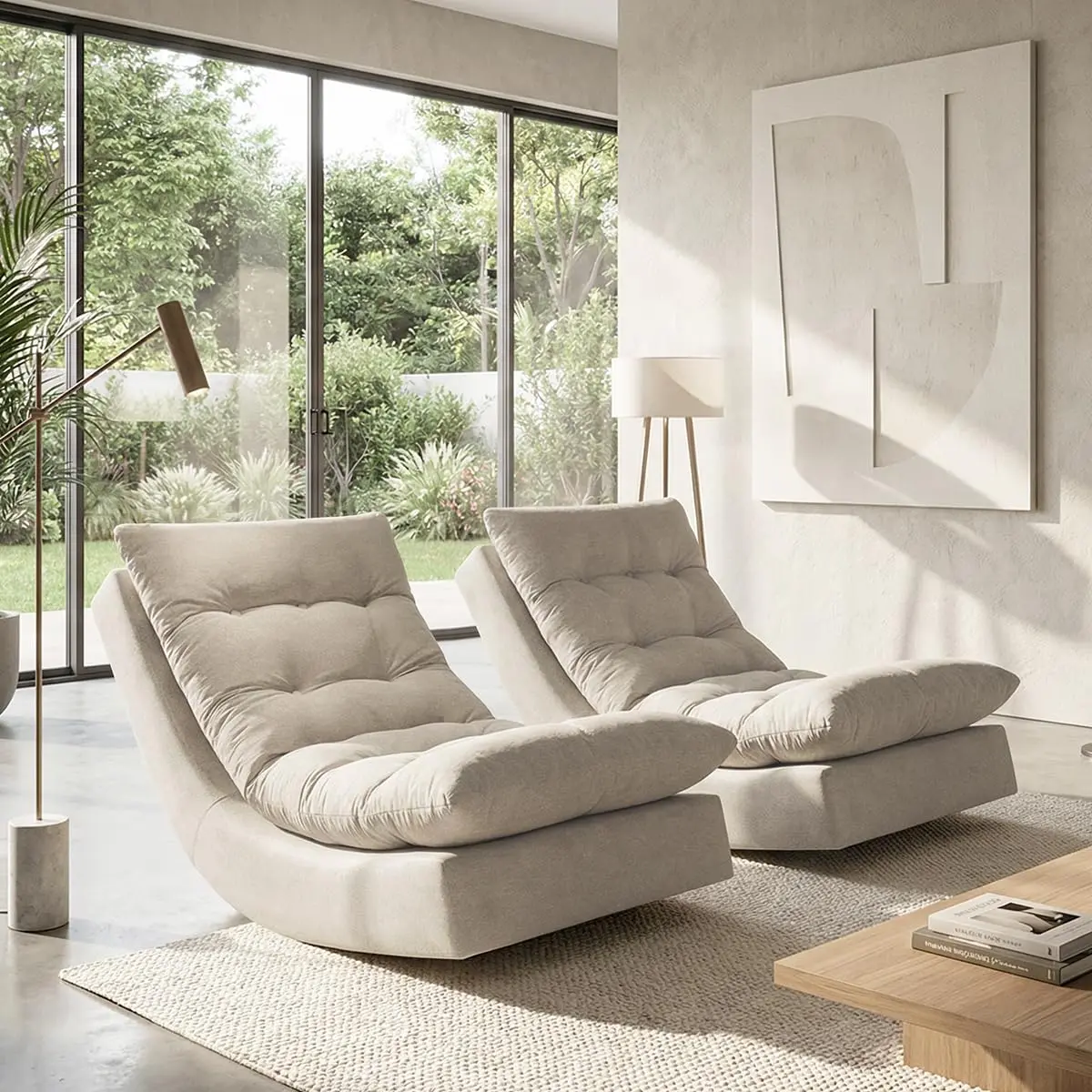 Kit 2 Poltronas Com Leve Balanço Bouclé Premium De Luxo Balance Para Sala Quarto Área de Leitura Conforto Relaxante (Bege)