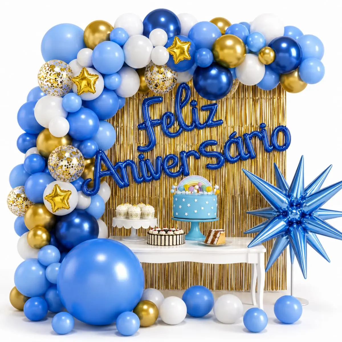 Kit Decoração Festa Aniversário Azul e Dourado com Balões Metalizados | Montagem prática, fácil de instalar sem experiência profissional