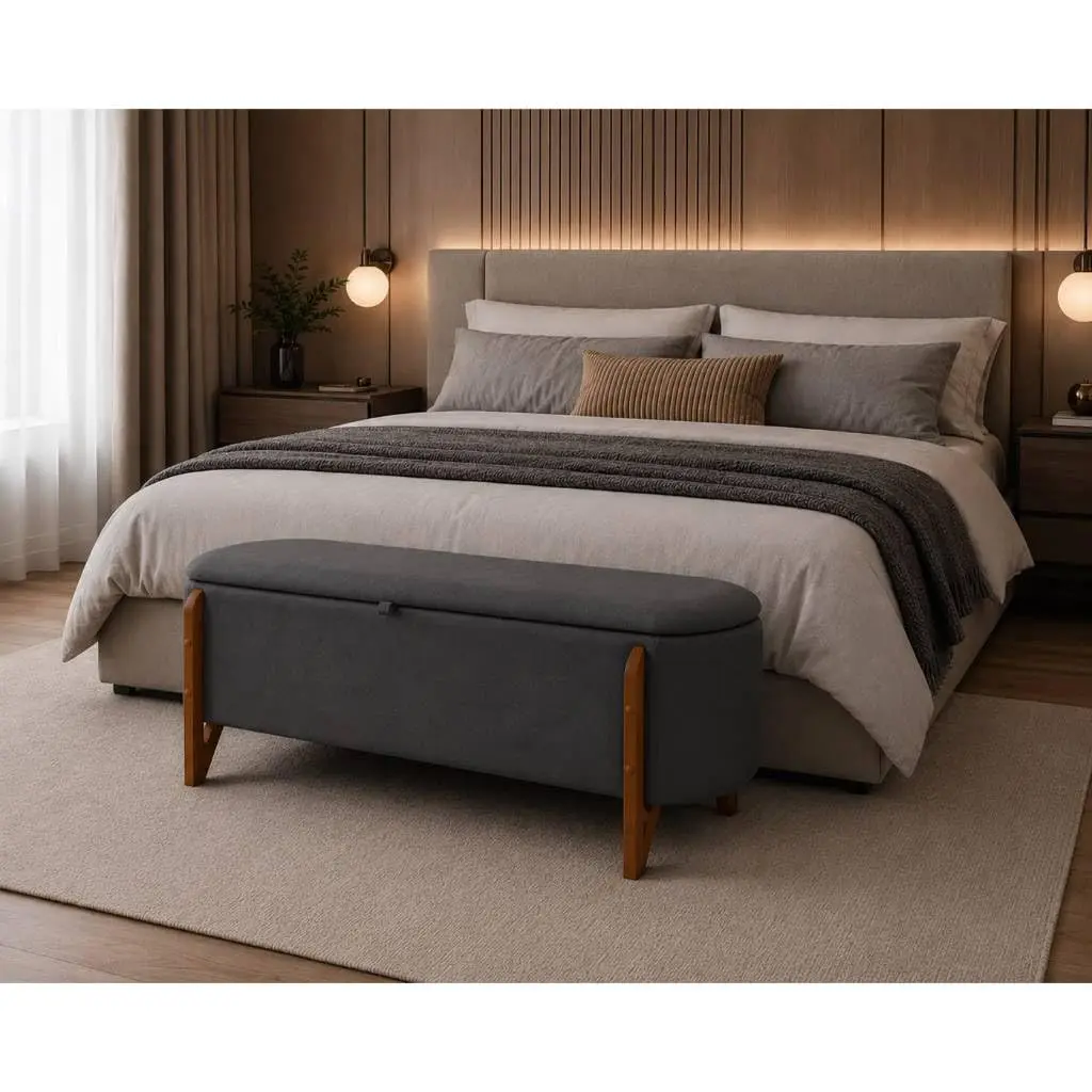 Baú Oval Organizador Estofado com Assento para Quarto Sala e ClosetGrafite) | Recamier oval com espaço interno para organizar objetos e assento confortável - 1