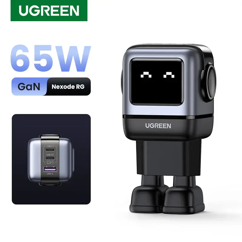 UGREEN 65W GaN Carregador Uno Robot Design PD Carregador rápido PPS PD3.0 para iPhone 17 16 15 Carga rápida para Xiaomi Laptop Macbook Pro