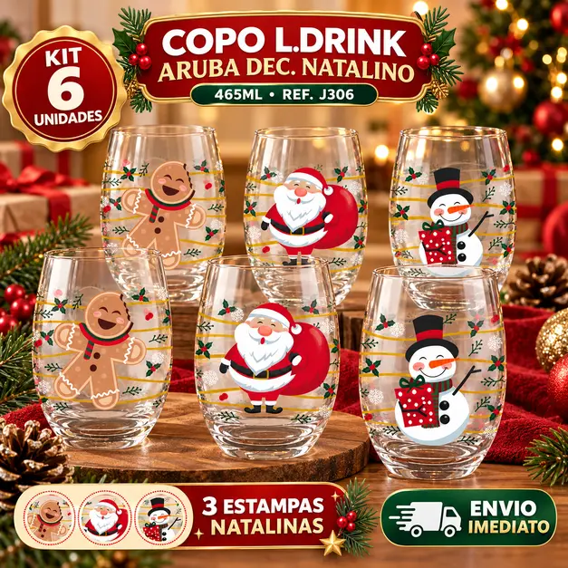 Jogo de Copos Long Drink Natal Aruba 465ml Nadir Vidro Decorado Natalino Ceia Festa Presente Kit 6 Unidades