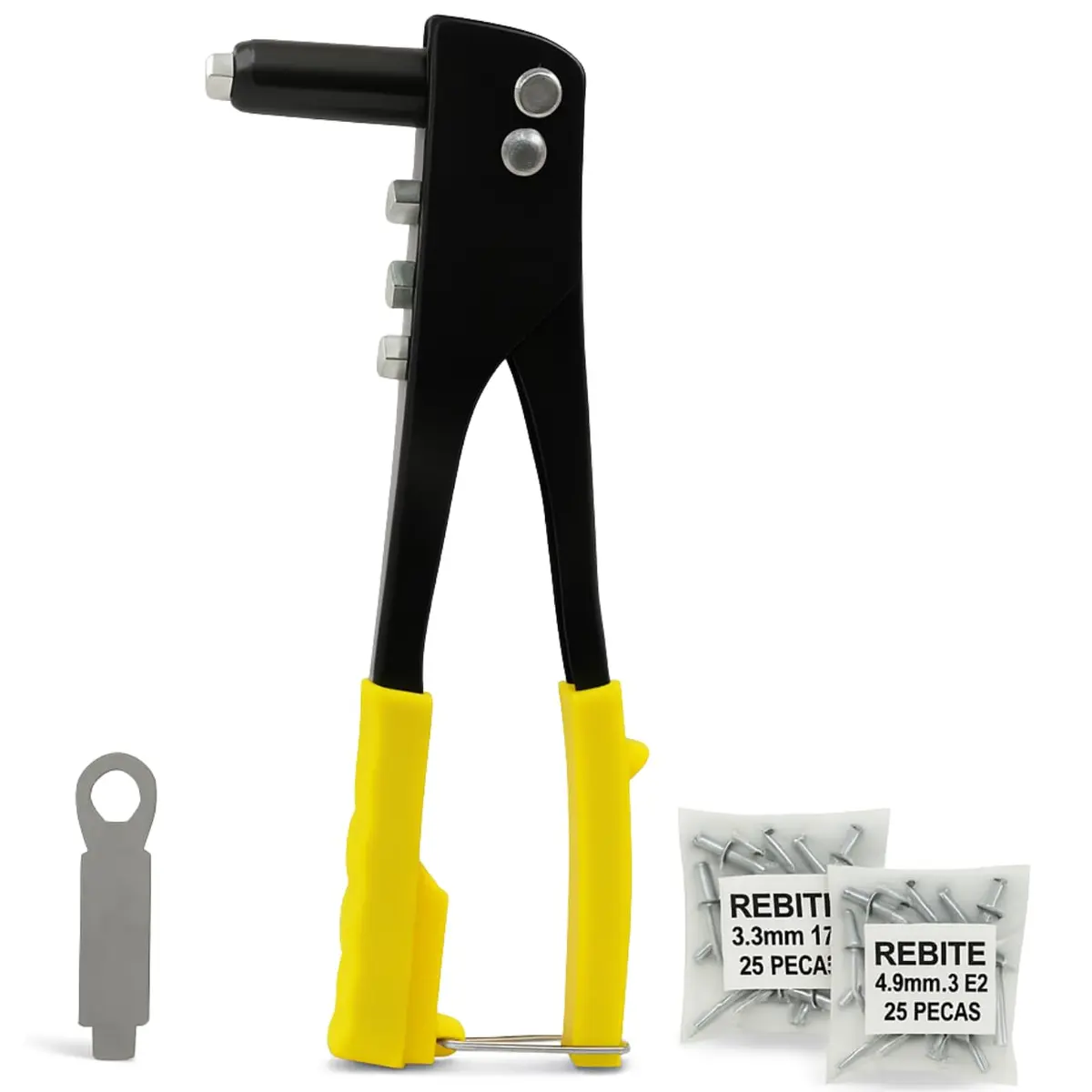 Rebitadeira Alicate Manual Profissional + 50 Rebites POP Com 4 Bicos Rebitador Rosca