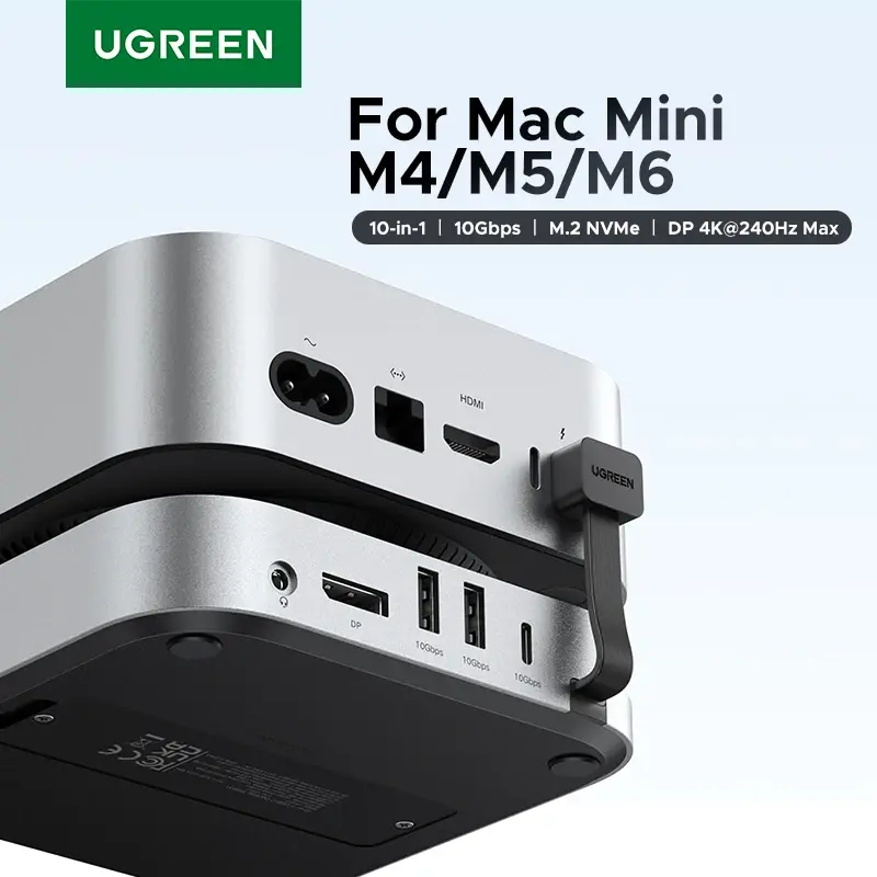 Estação de acoplamento UGREEN para Mac Mini, hub USB, conector Type-C para DP 4K240Hz, slot para SSD M.2 NVMe, divisor de 10 Gbps, leitor de cartões SD e TF, entrada de 3,5 mm, para Mac Mini M4/M5/M6. - 1
