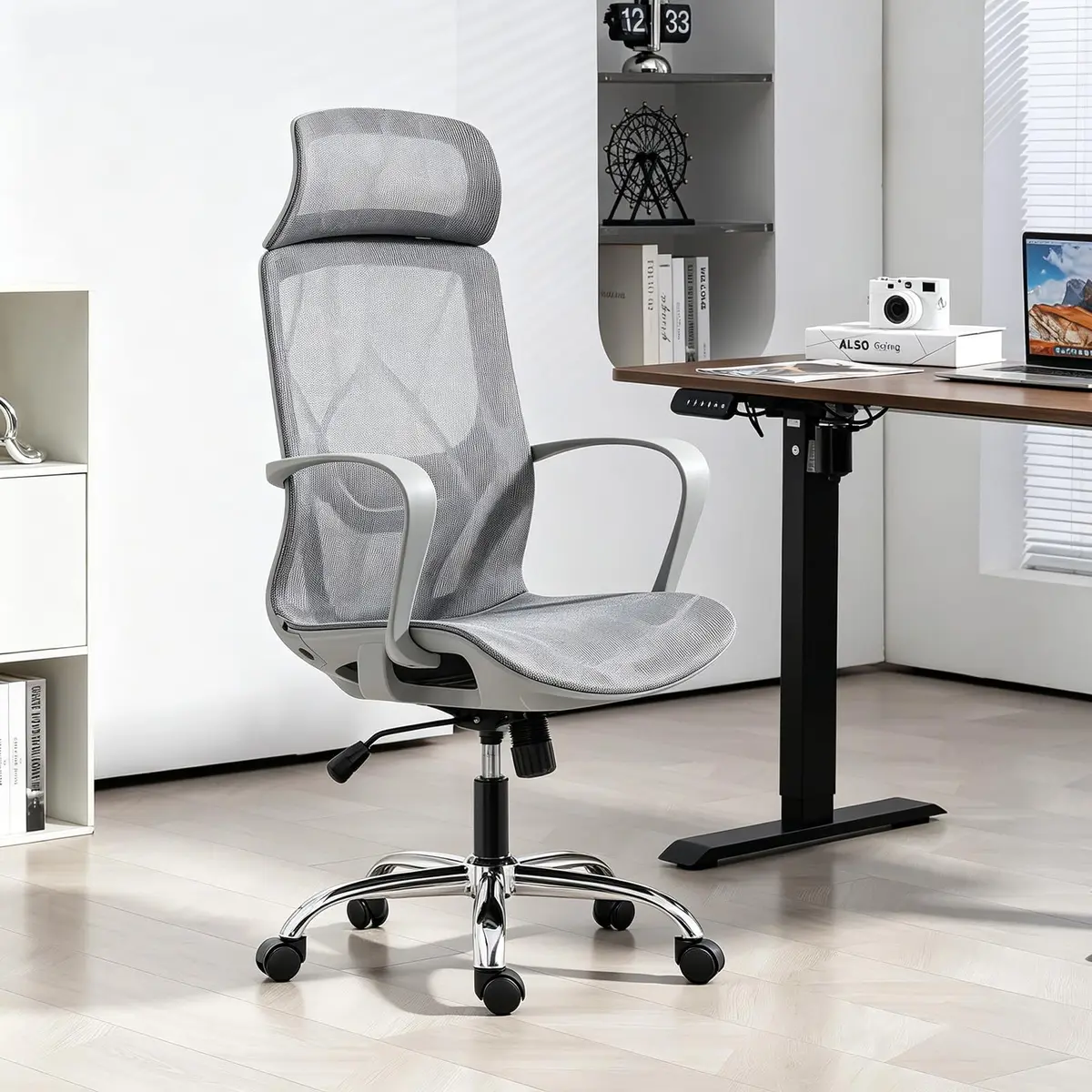 Cadeira de Escritório Ergonômica em Malha, Assento em Formato U, Altura Ajustável – Ideal para Escritório e Home Office (Cinza)