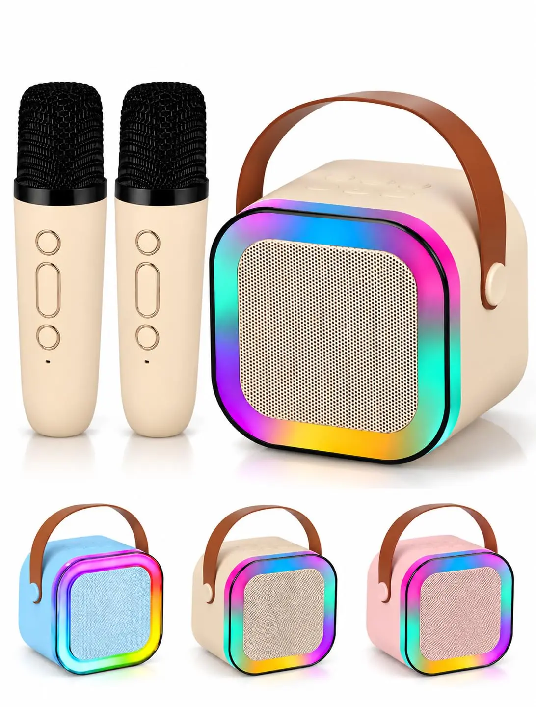 Karaokê Infantil com Alto-Falante LED Multicolorido, Dois Microfones Sem Fio, Portátil, Bluetooth, para Crianças (bege)