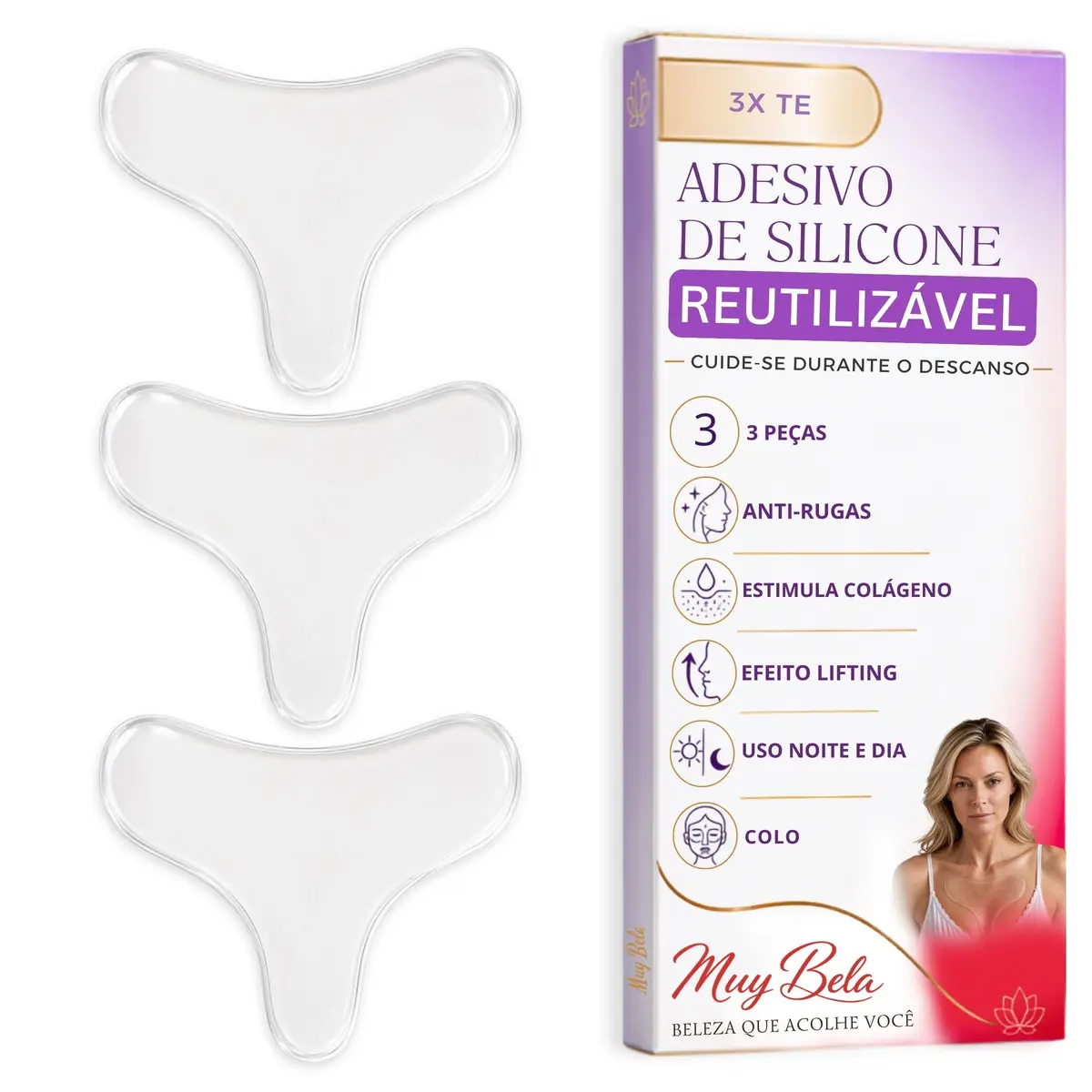 Kit 3 Adesivos Silicone Anti Rugas Colo e Peito – Efeito Lifting Enquanto Dorme Reduz Linhas de Expressão Reutilizável até 30x Alternativa Natural Muy Bela