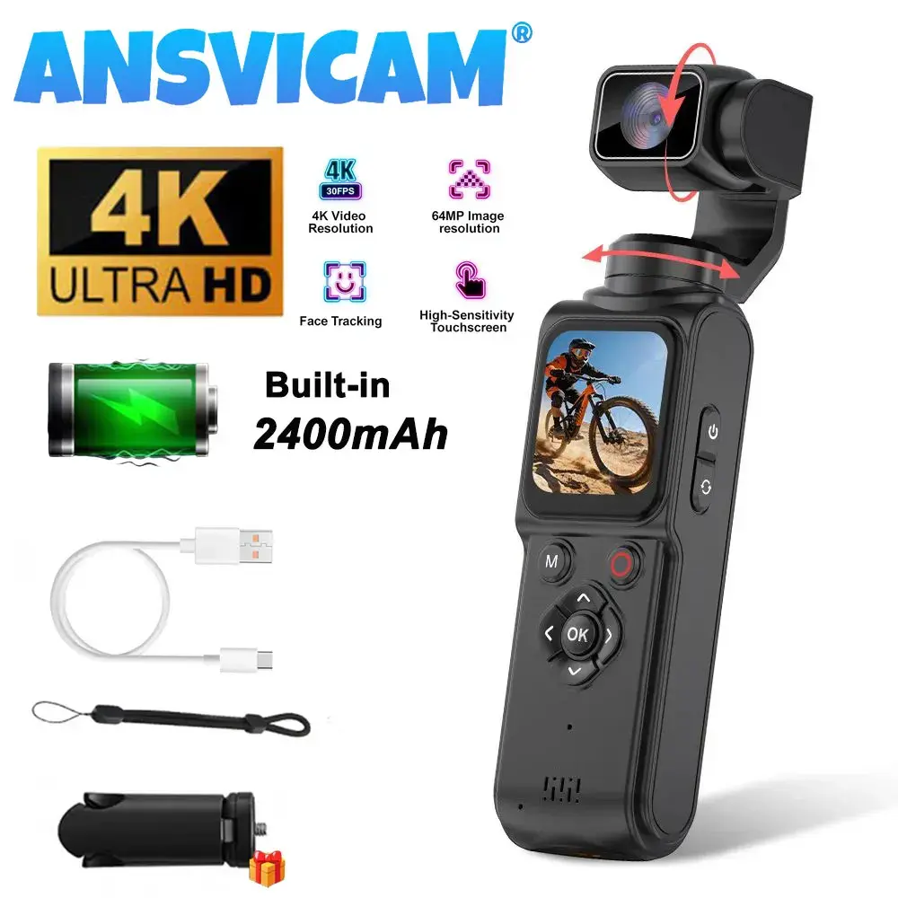 Câmera de Ação ANSVICAM 4K Portátil 64MP com Rastreamento Facial e Estabilizador Gimbal para Vlogging, Câmera Esportiva e Bodycam Digital para YouTube - 1